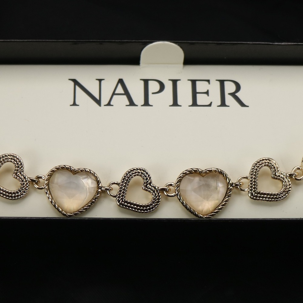 Napier Gold Tone Heart Link Bracelet Iridescent Faceted Stones NIB - Picture 2 of 6